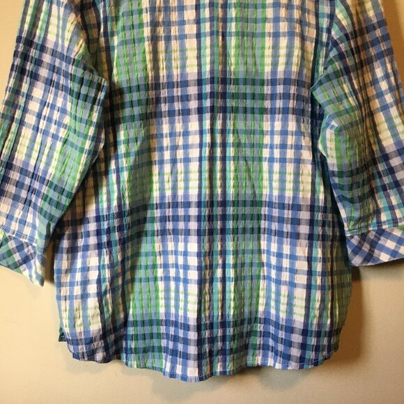 Vintage Alia Plaid Seersucker Green & Blue Picnic Button Down Shirt - Picture 6 of 16